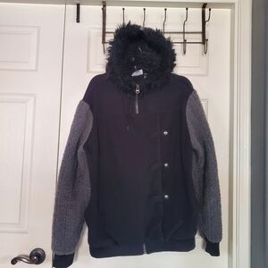 Game of Thrones Jon Snow Black Faux Fur Hoodie Sweatshirt Jacket Size XL Zip up